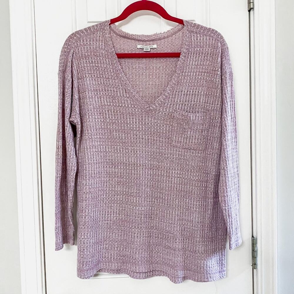 AMERICAN EAGLE • Purple V-Neck Waffle Knit Long Sleeve Top